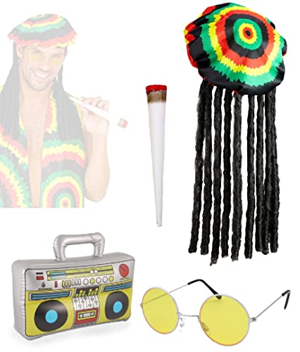 Dreamzfit - Rastafarian, Bob Marley Rasta Dreadlocks Sombrero Falso Spliff, Gafas Amarillas y Caja Inflable Boom Box Jamaican Beach Caribe Fancy Dress