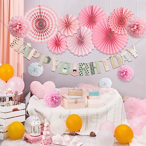 EASY JOY Decoración de cumpleaños para niña, color rosa, guirnalda de cumpleaños, juego de decoración reutilizable, decoración de mesa, decoración de fiesta, guirnalda de cumpleaños, abanicos para