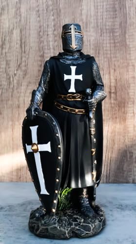 Ebros Gift Holy Wars Inglés Black Cloaked Crusader Caballero de la Cruz con Espada y Escudo Estatua de 11 pulgadas de alto Traje de armadura Guerrero Espadachín Templario Caballeros Escultura