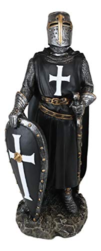 Ebros Gift Holy Wars Inglés Black Cloaked Crusader Caballero de la Cruz con Espada y Escudo Estatua de 11 pulgadas de alto Traje de armadura Guerrero Espadachín Templario Caballeros Escultura