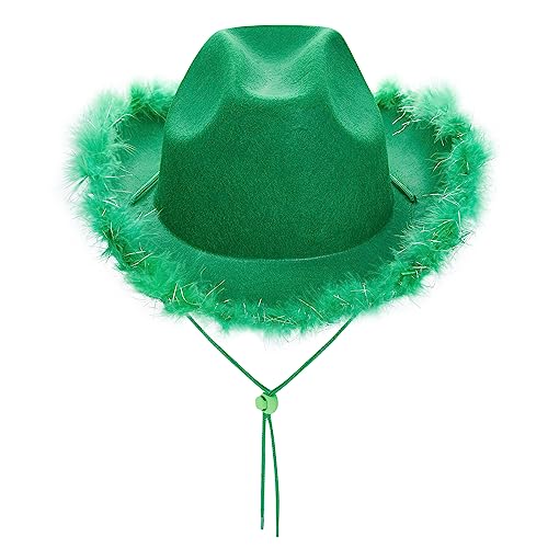 Edhomenn Sombrero de vaquero de fieltro para mujer, ribete de plumas esponjosas, sombrero de vaquera, disfraz de juego de rol, accesorio para fiesta de cosplay (B-verde, 32 cm x 42 cm x 18 cm)