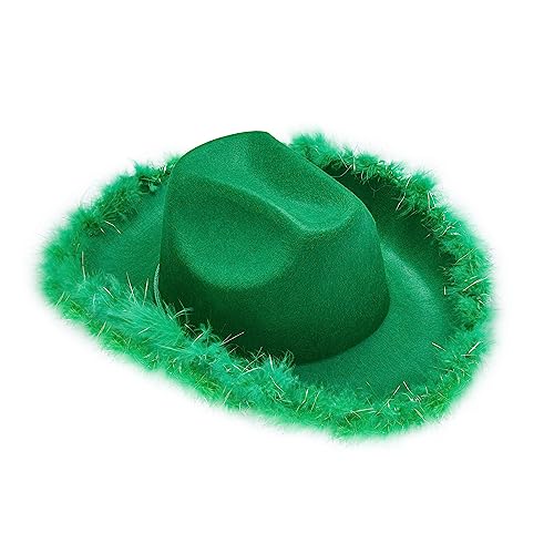 Edhomenn Sombrero de vaquero de fieltro para mujer, ribete de plumas esponjosas, sombrero de vaquera, disfraz de juego de rol, accesorio para fiesta de cosplay (B-verde, 32 cm x 42 cm x 18 cm)