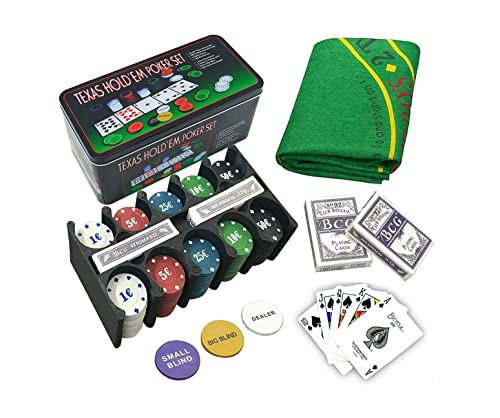 ELAELA Set de póker Caja de Metal, 200 fichas de póker, 2 Cubiertas, botón de repartidor, ciega pequeña, Gran ciega, tapete de Juego
