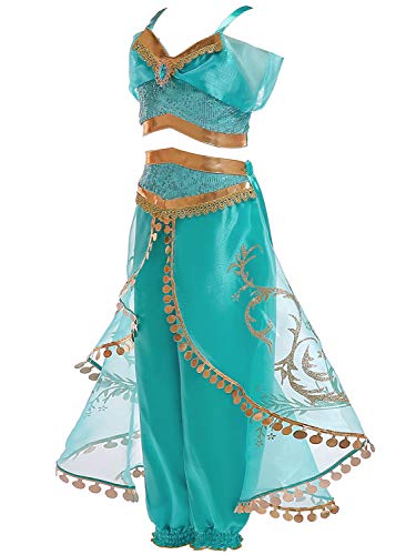 Eleasica Cosplay Princesa Jasmine Vestido de Princesa Pantalon y Blusa Fiesta Disfraz Jazmin Baile Danza del Vientre Pelicula Aladdin y Lampara Magica para Regalo Cumpleaños Niñas 3 a 10 años