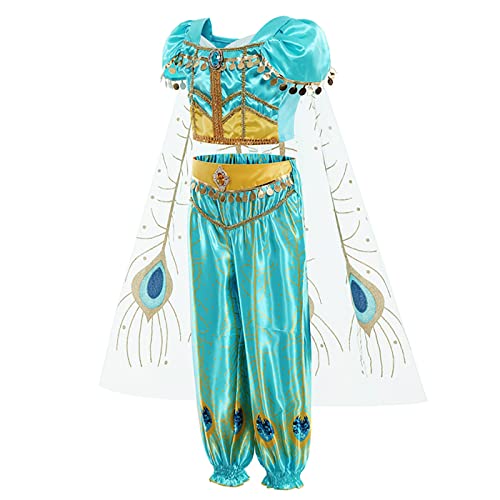 Emin Niñas Jazmín Princesa Vestidos Aladdin Princesa Disfraz con Accesorios Vestido de Princesa para Niños Cumpleaños Fiesta Cosplay Halloween Navidad Carnaval Vestirse