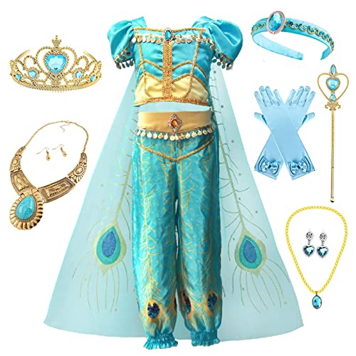 Emin Niñas Jazmín Princesa Vestidos Aladdin Princesa Disfraz con Accesorios Vestido de Princesa para Niños Cumpleaños Fiesta Cosplay Halloween Navidad Carnaval Vestirse