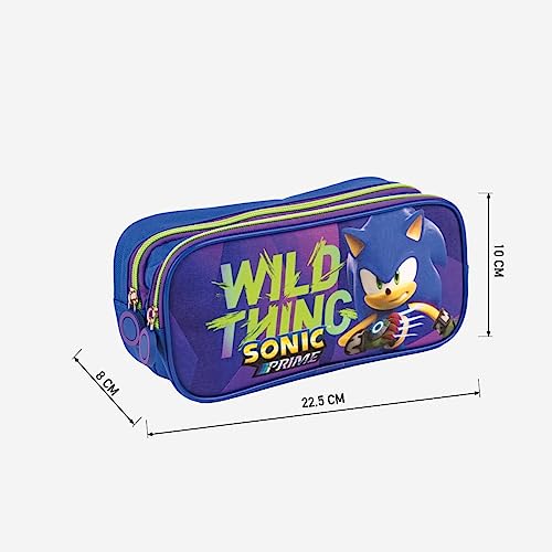 Estuche con Doble Compartimento de Sonic Prime - Color Morado y Azul - 22,5x8x10 cm - Fabricado en Poliéster - Cierre de Cremallera - Estampado de Sonic Prime - Producto Original Diseñado en España