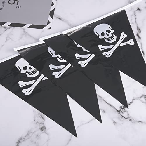 Euvoym Banner de Halloween Jolly Roger en color blanco y negro pirata cráneo y huesos cruzados banderines banderines de cráneo banderas piratas para fiesta temática pirata, Halloween