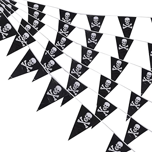 Euvoym Banner de Halloween Jolly Roger en color blanco y negro pirata cráneo y huesos cruzados banderines banderines de cráneo banderas piratas para fiesta temática pirata, Halloween