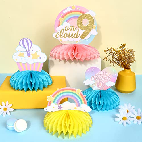 Fangleland 8 piezas de decoración de mesa On Cloud 9 para niñas, centros de mesa de panal de abeja de feliz cumpleaños arcoíris para fiesta de 9 años, suministros de mesa 3D de nube colorida 9