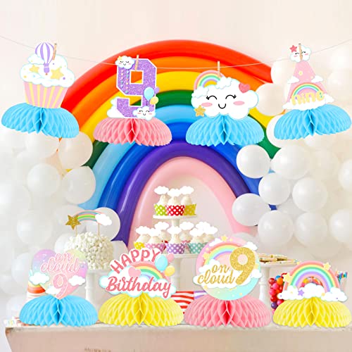 Fangleland 8 piezas de decoración de mesa On Cloud 9 para niñas, centros de mesa de panal de abeja de feliz cumpleaños arcoíris para fiesta de 9 años, suministros de mesa 3D de nube colorida 9