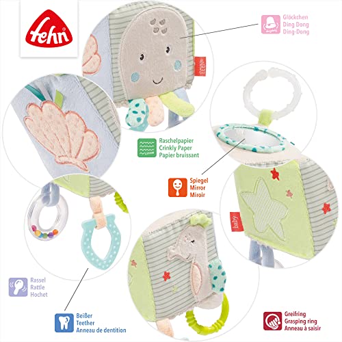 Fehn Meereskinder 054446 - Cubo de actividades, juguete colgante para bebés y niños pequeños a partir de 0 meses, promueve el sentido del tacto y la motricidad fina, tamaño: 10 x 10 cm