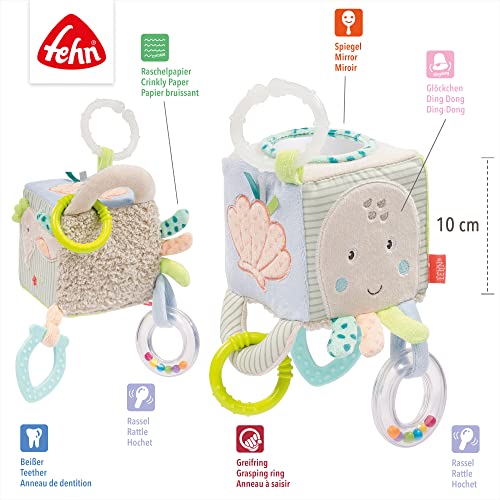 Fehn Meereskinder 054446 - Cubo de actividades, juguete colgante para bebés y niños pequeños a partir de 0 meses, promueve el sentido del tacto y la motricidad fina, tamaño: 10 x 10 cm