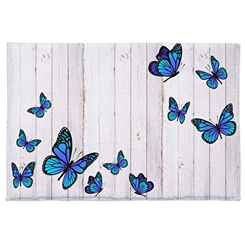 Felpudos , Fluffy Shag Indoor Dealormat Farm Blue Butterfly, Matón de baño de peluche de peluche suave sin deslizamiento PAÍS PAÍS POCA V-INTEGO BLANCO GRANO DE MADERA ARRÉRICA, alfombra de entrada la