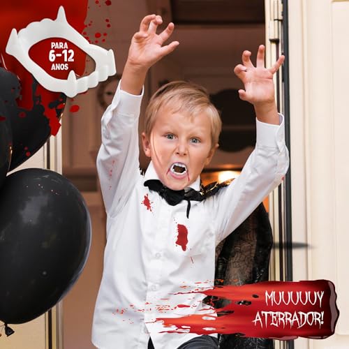 Festicy Dientes de Vampiro para 6-12 años | Dientes de Vampiro para Niños y sangre falsa | Disfraz de Drácula para Halloween