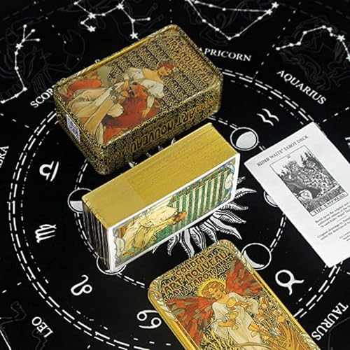 Fikujap Juego de Cartas de Tarot para Principiantes con guía y Caja de Almacenamiento, 78 Juego de Tarot Golden Golden Art Nouveau