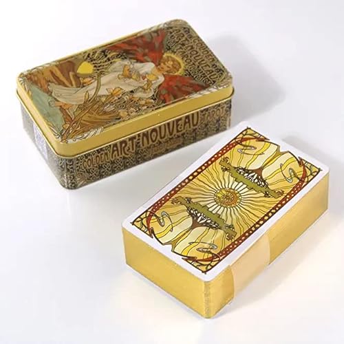 Fikujap Juego de Cartas de Tarot para Principiantes con guía y Caja de Almacenamiento, 78 Juego de Tarot Golden Golden Art Nouveau