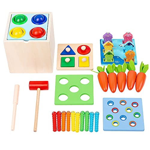 Fiotha Juguetes Educativos de Madera, Kit de juguetes educativos de madera 5 en 1, Kit de juego de caja Montessori, Juguete Educativo para Recoger Zanahorias, Juguetes Montessori para mayores de 3 año
