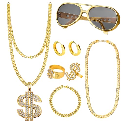 Fivtsme Kit de Disfraces de Hip Hop,Rapper Accesorios,8 Piezas Conjunto de Disfraces de Hip Hop de Los 80/90,Del Cubo Collar de Cadena de Oro con Signo de Dólar,para Cumpleaños,Fiestas de Carnaval