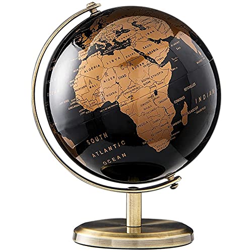 FLKENNEL Globe, Dorado y Negro- en Inglés - Decoración de escritorio educativa/geográfica/moderna - Con una base de metal,Black gold,L