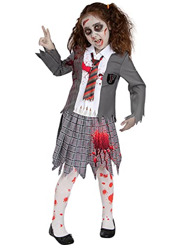 Funidelia | Disfraz de estudiante zombie para niña Muerto Viviente, Halloween - Disfraz para niños y divertidos accesorios para Fiestas, Carnaval y Halloween - Talla 10-12 años - Gris/Plateado
