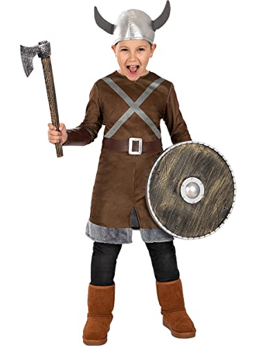 Funidelia | Disfraz Vikingo para niño Nórdico, Valkiria, Bárbaro, Vikings - Disfraz para niños y divertidos accesorios para Fiestas, Carnaval y Halloween - Talla 7-9 años - Marrón