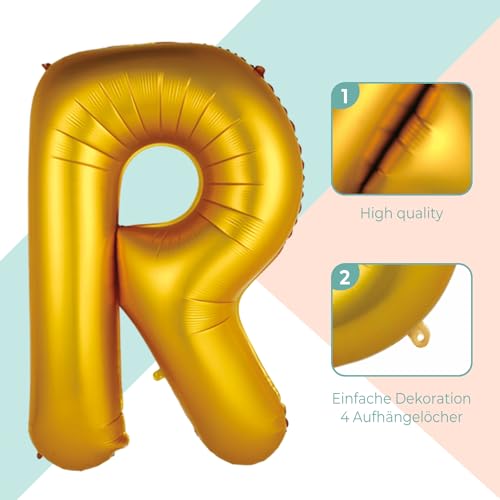 FUNXGO® Globo con letra R dorada - XXL 100 cm - para helio o aire, ideal para cumpleaños, bodas, fiestas y decoración de despedida de soltera para mujeres - globo R dorado