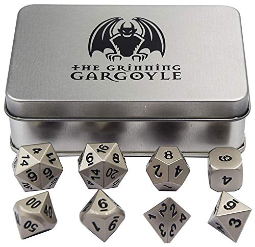 Gargoyle sonriente WCN-3002 - Juego de dados polihédricos metal plateado perla 8x - Lata de almacenamiento con logotipo de color plateado - Incluye dos dados de 20 caras - Dragones de RPG de mazmorras