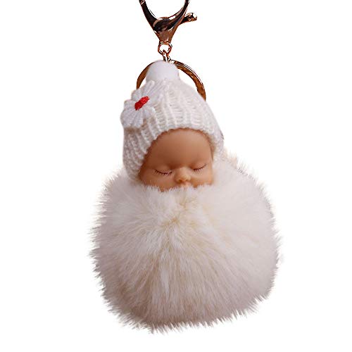 Generic Colgante de bebé cadenas bolsas pompón llave linda muñeca encanto llavero sueño llavero llavero perro muñeca llavero (beige, talla única)