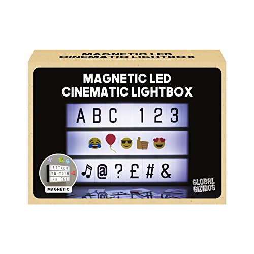 Global Gizmos 50960 Caja de luz magnética en miniatura A6 Cinematic Light Up | El juego incluye 90 letras, números y símbolos, 3 filas | Fiestas/Cumpleaños/Bodas/Navidad, Blanco