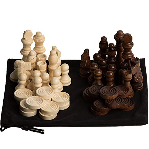 GrowUpSmart Staunton Style Chess & Checkers Pieces Set Made Of Wood In Velvet Bag - For Replacement Of Missing Pieces Or If You Only Have A Chess Board