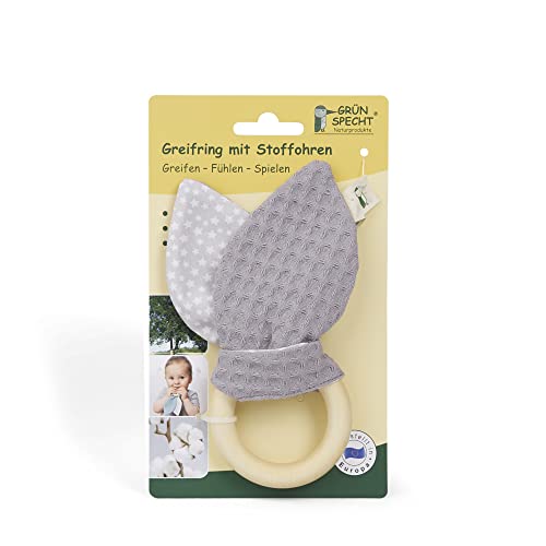 GRÜNSPECHT Anillo de agarre con orejas de tela, anillo de madera con orejas de tela lavables, 100% algodón, para sentido de agarre y tacto, regalo de juguete para bebé, gris (571-V1)