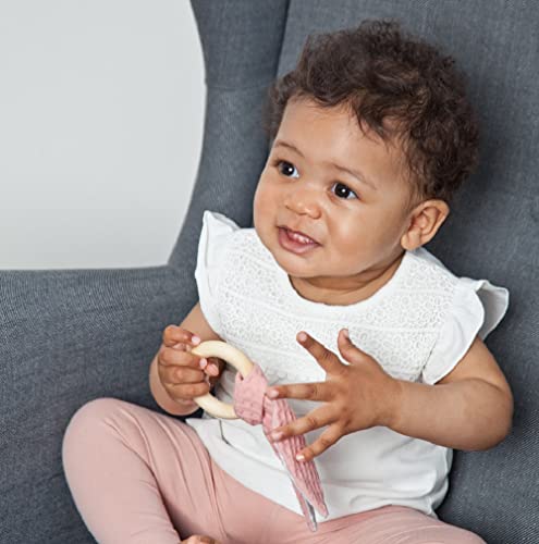 Grünspecht Anillo de agarre con orejas de tela, anillo de madera con orejas de tela lavables, 100% algodón, para sentido de agarre y tacto, regalo de juguete para bebé, rosa (571-V2)