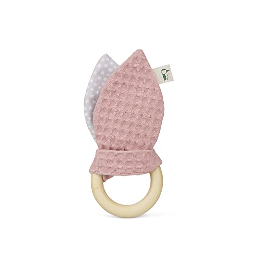 Grünspecht Anillo de agarre con orejas de tela, anillo de madera con orejas de tela lavables, 100% algodón, para sentido de agarre y tacto, regalo de juguete para bebé, rosa (571-V2)