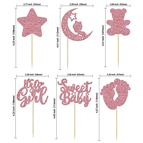 Gyufise 24 piezas de decoración para cupcakes con purpurina de luna, diseño de estrella, oso de bebé dulce es una niña, baby shower, cupcake, decoración de pasteles, suministros de color rosa