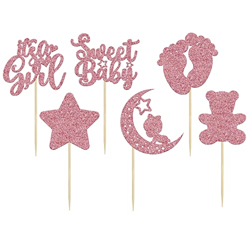 Gyufise 24 piezas de decoración para cupcakes con purpurina de luna, diseño de estrella, oso de bebé dulce es una niña, baby shower, cupcake, decoración de pasteles, suministros de color rosa