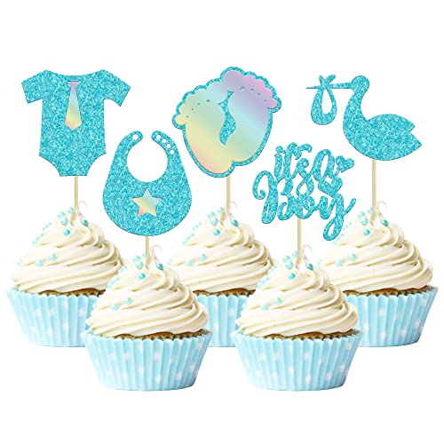 Gyufise 30 piezas de decoración para cupcakes con purpurina azul para bebé y niño, diseño de cisne, decoración de pastel para baby shower, niños, suministros de fiesta temática de cumpleaños