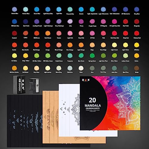 H & B Juego de lápices de colores de 72 piezas con hojas de mandala para colorear, suministros de arte, kit de dibujo para colorear para adultos y niños