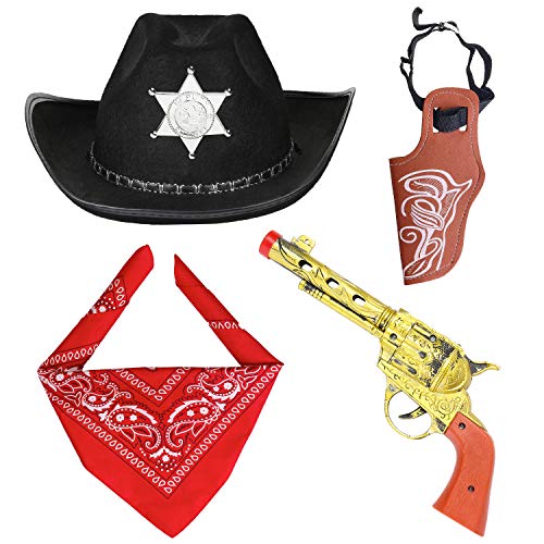 Haichen Accesorios de Disfraces de Vaquero Sombrero de Vaquero Bandana Pistolas de Juguete con Fundas de cinturón Juego de Vaquero para la Fiesta de Halloween (Negro)