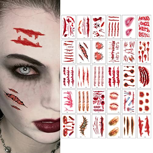 Halloween Tatuajes Temporales,Tatuajes Temporales,Halloween Cicatrices Heridas Tatuajes,Zombie Cicatrices Tatuajes,30 Hojas Decoración de Cosplay de Zombis y Pegatinas para el Partido de Halloween,02#