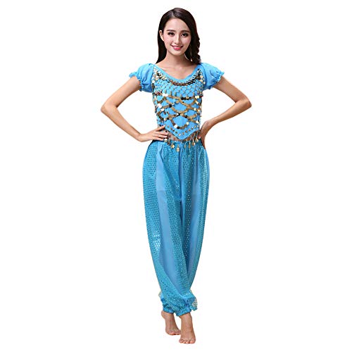 Haodasi Disfraz de danza del vientre para mujer, parte superior de baile + pantalones de linterna, traje de bailarina profesional de carnaval, azul, S
