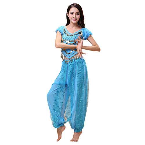 Haodasi Disfraz de danza del vientre para mujer, parte superior de baile + pantalones de linterna, traje de bailarina profesional de carnaval, azul, S