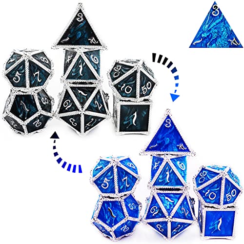HAOMEJA Dados que cambian de color, dados de dragones de metal, juego de dados D&D, dados de juego de rol, se aplican a mazmorras y dragones (negro a azul)