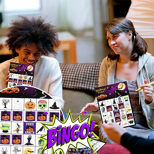 Happy Halloween Bingo Midnight Edition, 24 jugadores, tarjetas de bingo de Halloween con fichas calcomanías para escuela, aula, actividades familiares, juegos de fiesta de Halloween, suministros de