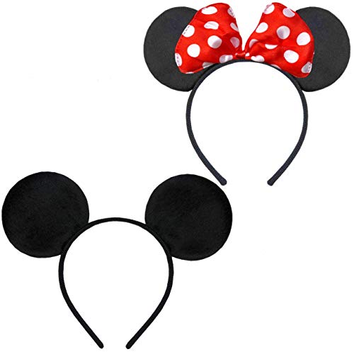 Hatstar Pack doble con diadema de ratón | orejas de ratón con lazo rojo y puntos blancos y orejas de ratón en negro para niños y adultos