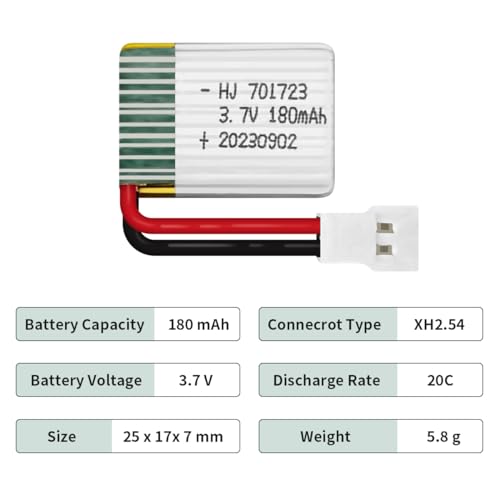 HAWK'S WORK Batería Lipo 3.7V 180 mAh, Batería Recargable de Polímero de Litio para Modelos RC y Juguetes (Conector XH 2.54)