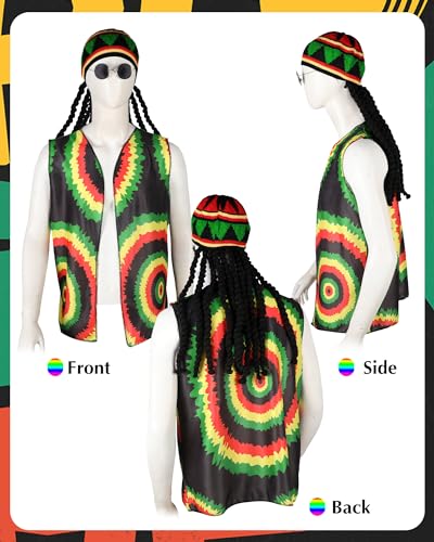 Hestya Set de 3 Accesorios de Disfraz de Jamaica de Halloween Sombrero de Rasta Reggae Jamaicano con Peluca Negra de Rastas Chaleco Jamaicano Unisex Gafas de Rasta para Adultos Cosplay Fiesta Regalos