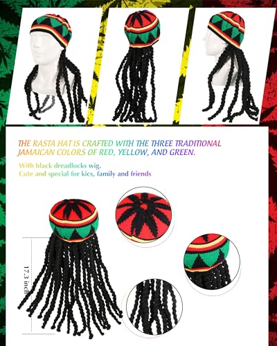 Hestya Set de 3 Accesorios de Disfraz de Jamaica de Halloween Sombrero de Rasta Reggae Jamaicano con Peluca Negra de Rastas Chaleco Jamaicano Unisex Gafas de Rasta para Adultos Cosplay Fiesta Regalos