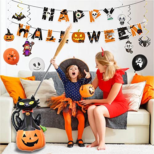 HINAA Regalos de fiesta de Halloween, kit de decoración de Halloween, globos de película de aluminio de araña grande o gato negro con bandera de Halloween feliz