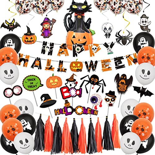 HINAA Regalos de fiesta de Halloween, kit de decoración de Halloween, globos de película de aluminio de araña grande o gato negro con bandera de Halloween feliz